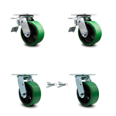 Service Caster 5 Inch Green Poly on Steel Caster Set with Roller Bearings 2 Brake 2 Swivel Lock SCC-TTL30S520-PUR-GB-2-BSL-2